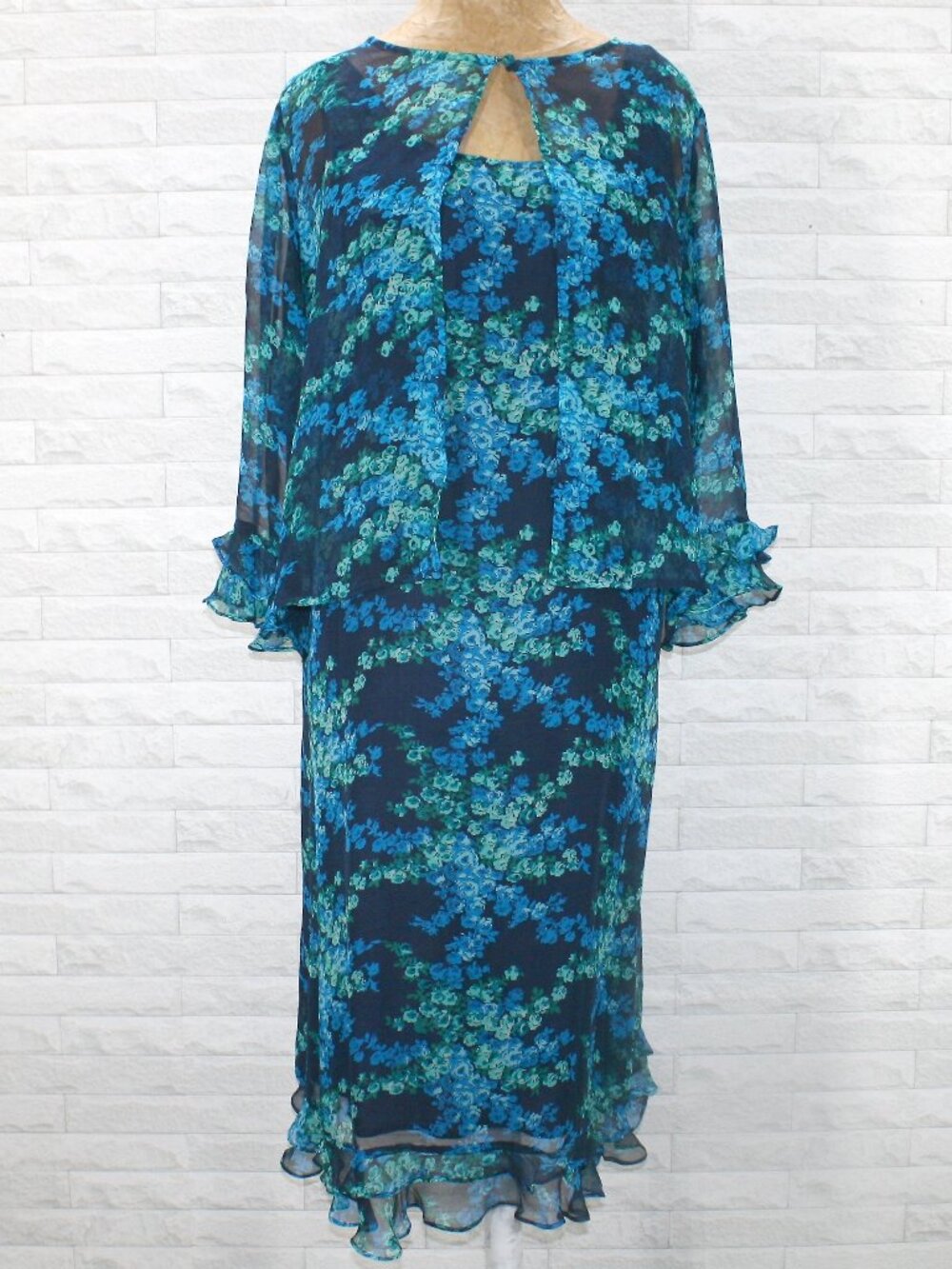 ROBBIE BEE Dress Jacket Set Silk Floral Summer Sheer Ruffle Blue Plus Size 14